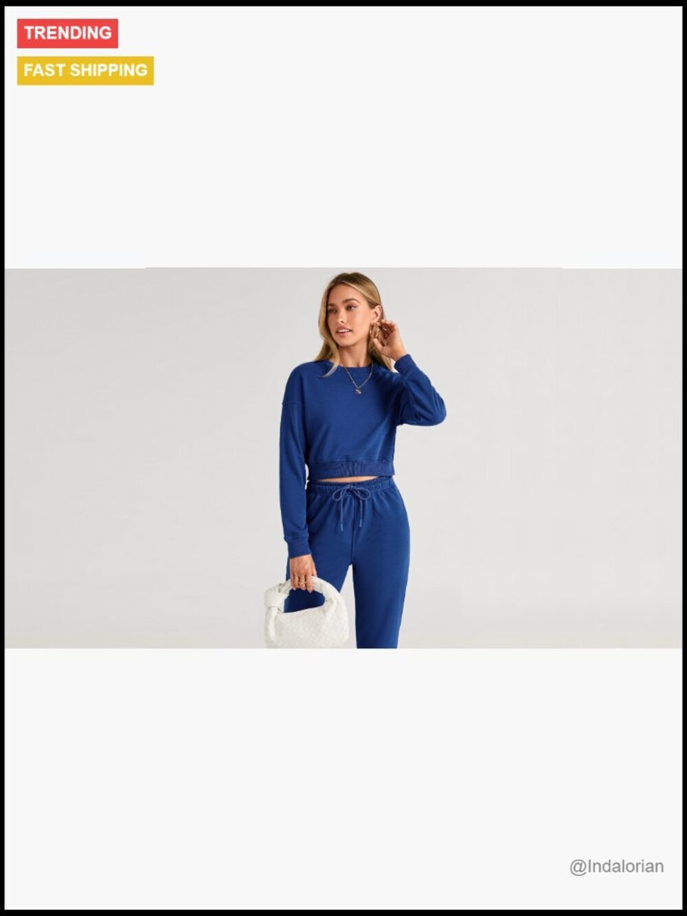 Cotton Polyester Long Sleeve Crop Top Jogger Set with Pockets - Picture 7 of 7